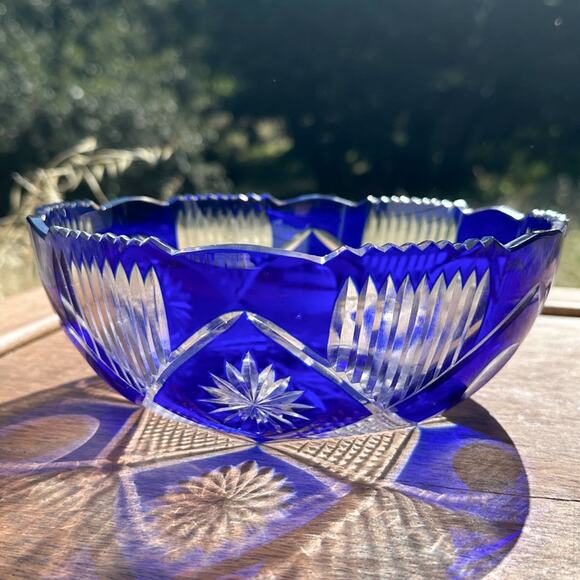 Cobalt Blue Crystal Cut to Clear Bowl with Scallop and Sawtooth Rim ~7.5" Diam - Picture 4 of 13
